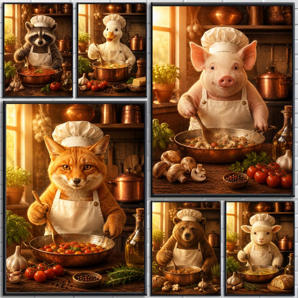 Home Cooking Definition - Grappige dierenchef-kok keuken kookbakkerij poster High-definition